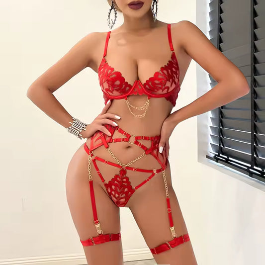 Red Hot Sexy Lingerie Push Up Fantasy Underwear Brazilian Intimate Sets Transparent Lace Luxury