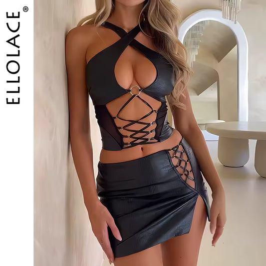 Sexy Short Mini Skirt Set - 2 Piece Leather, Cross Bra Set
